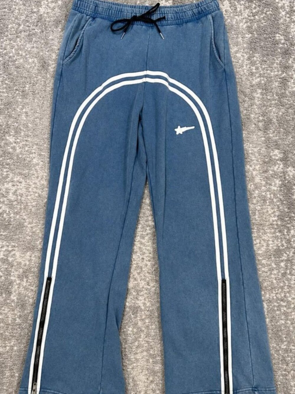 Vintage Wash Blue Wide Leg Track Pants | Zip Hem Sweatpants | Y2K Streetwear